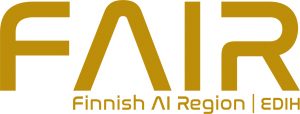 Golden logo of Finnish AI Region (FAIR EDIH). In is written FAIR - FINNISH AI REGION, EDIH