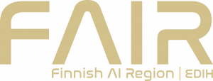 Light golden Rlogo of Finnish AI Region (FAIR EDIH). In is written FAIR - FINNISH AI REGION, EDIH
