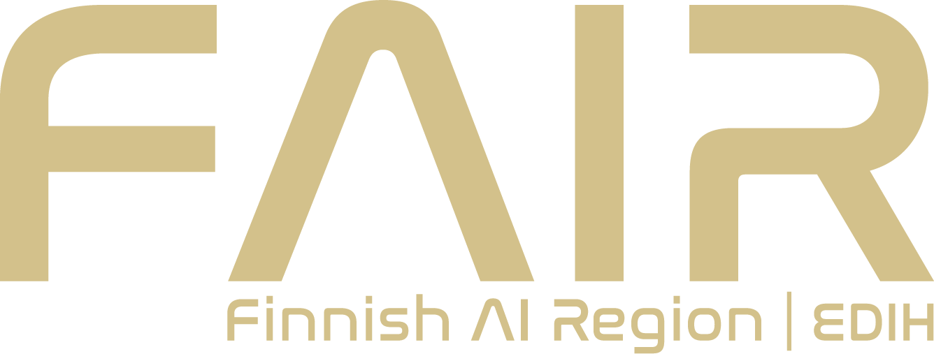 Light golden Rlogo of Finnish AI Region (FAIR EDIH). In is written FAIR - FINNISH AI REGION, EDIH