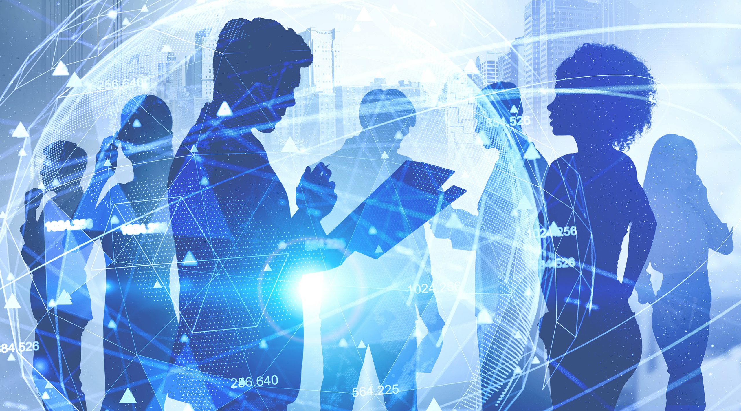 Diverse business team working together in city with double exposure of blurry futuristic network interface. Concept of hi tech startup and big data. Characters graphic and not photorealistic.