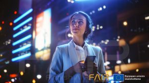 Beautiful Young Woman Using Smartphone Standing on the Night City with neon lights. On right bottom corner you can see golden FAIR logo and European union flag.