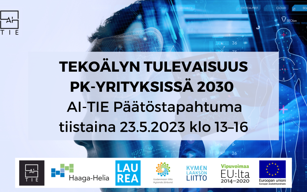Tekoälyn tulevaisuus pk-yrityksissä 2030 Helsingin Pasilassa 23.5.2023 tapahtuman juliste
