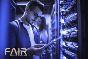 Data Center Engineer, Young man holding digital tablet standing. Photo is with a blue filter on top of it. At left bottom corner you can see a light gold FAIR logo