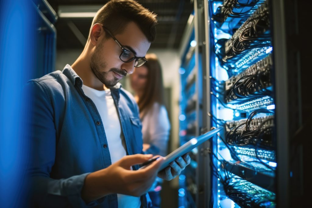 Data Center Engineer, Young man holding digital tablet standing