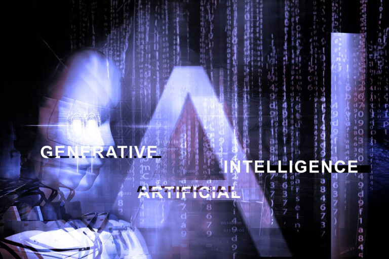 generative artificial intelligence ai background with a shape of a robot, binary code and text generative artificial intelligence. large ai grant eu