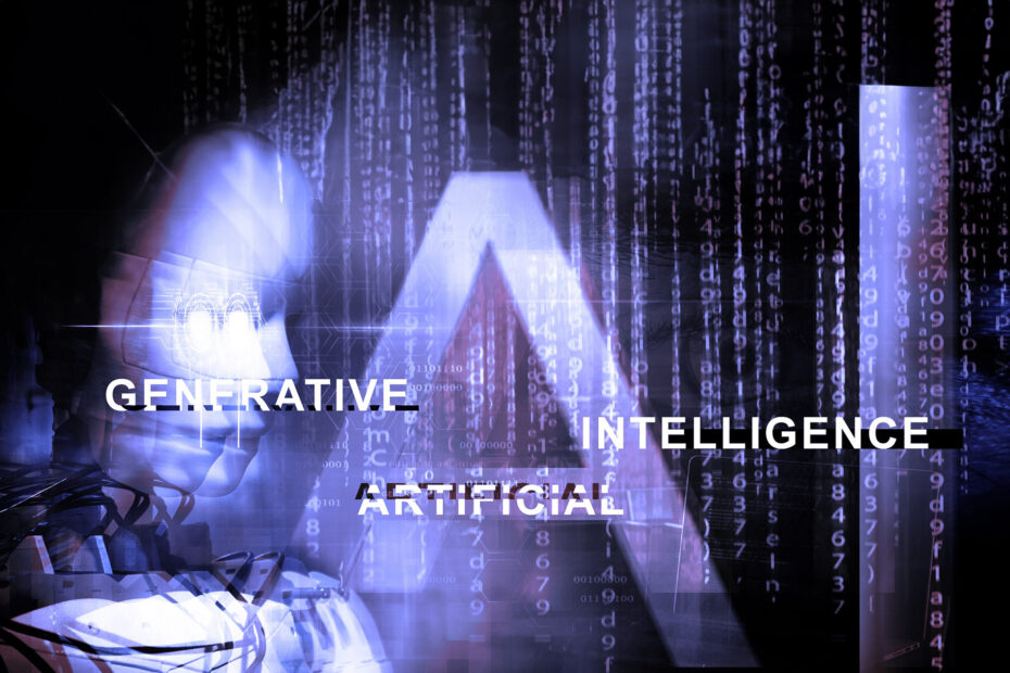 generative artificial intelligence ai background with a shape of a robot, binary code and text generative artificial intelligence. large ai grant eu