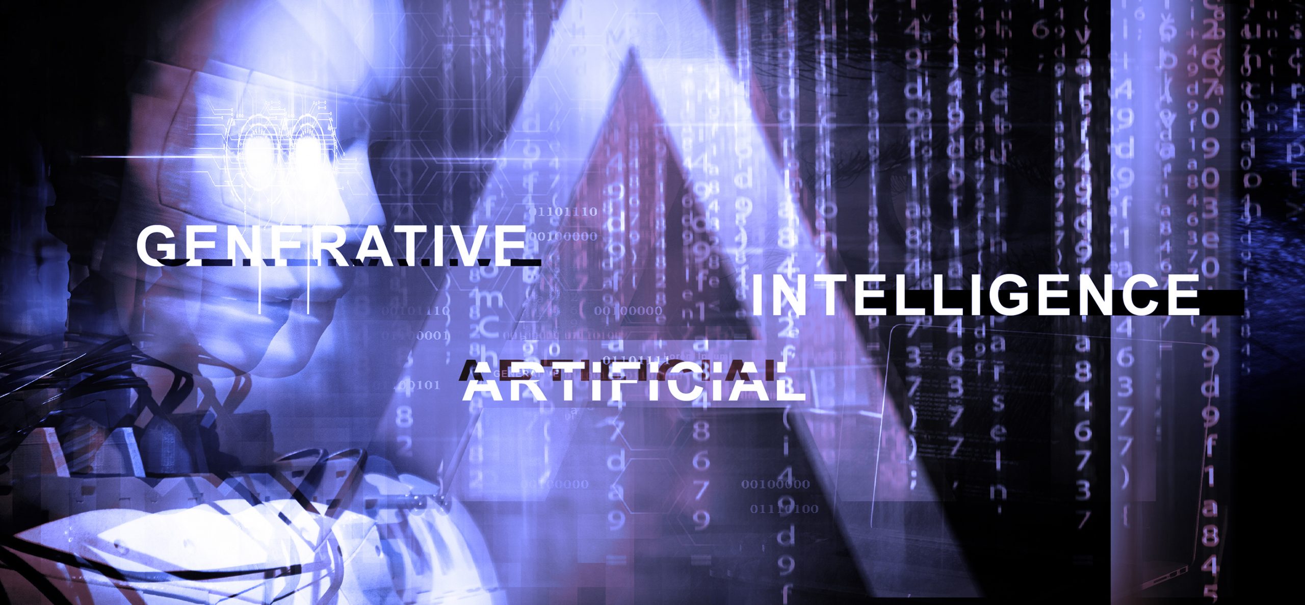 generative artificial intelligence ai background with a shape of a robot, binary code and text generative artificial intelligence.