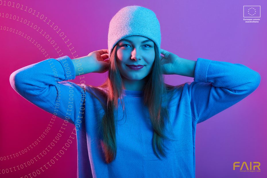 Picture of young adorable girl wearing sweater and cap, standing isolated over pink neon background, looking at camera with charming happy smile, keeping her hands behind his head, expresses happyness