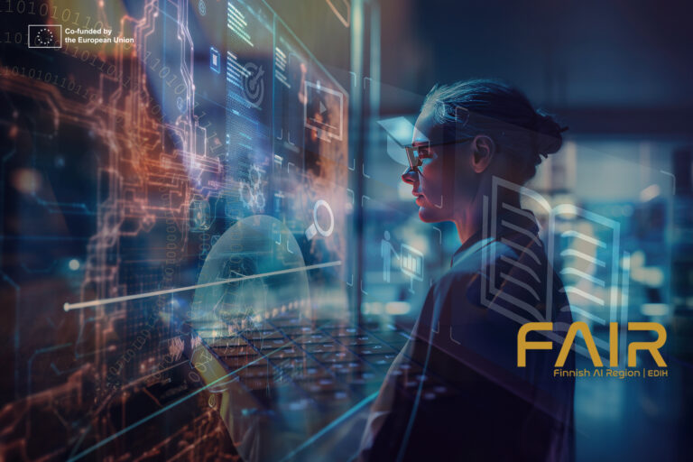 Woman looking at electronic wall, which represents many ways of learning. Also FAIR and EU logos are included in the photo.