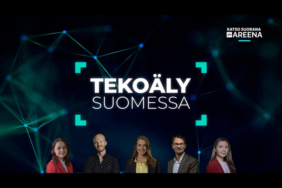 Tekoäly Suomessa -webinaarin mainoskuva, jossa tapahtuman puhujat Lassi Kurkijärvi, Karoliina Partanen, Maria Ritola, Anna Lahtinen ja Tuomas Syrjänen