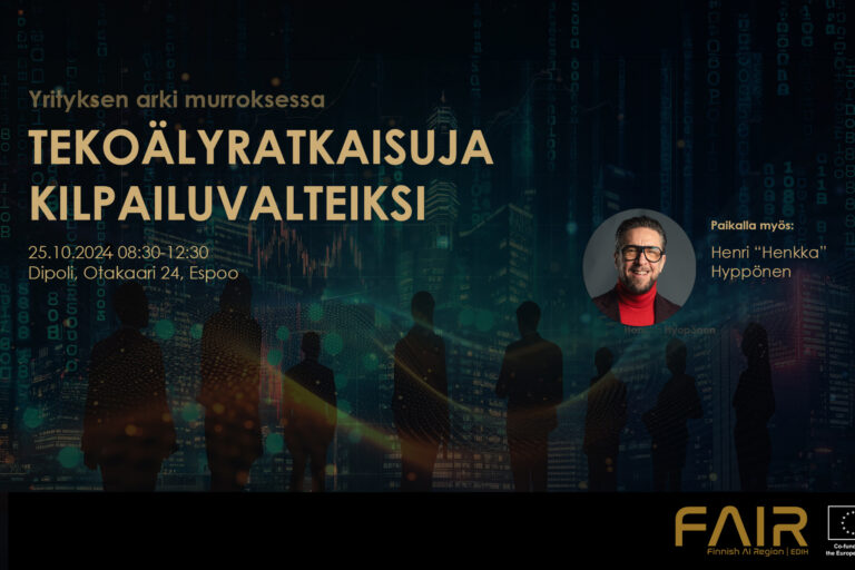 Yrityksen arki murroksessa - Tekoälyratkaisuja kilpailuvalteiksi Espoon Dipolissa Aalto-yliopistolla. Kuvassa Henri Henkka Hyppönen, FAIR ja EU.