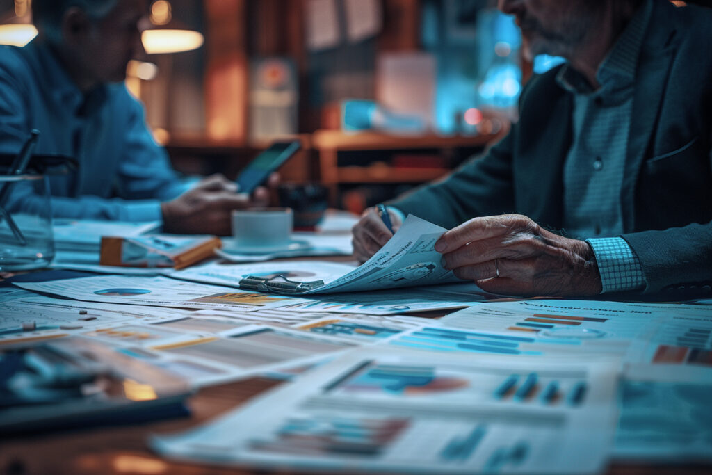 People checking diagrams and reports.