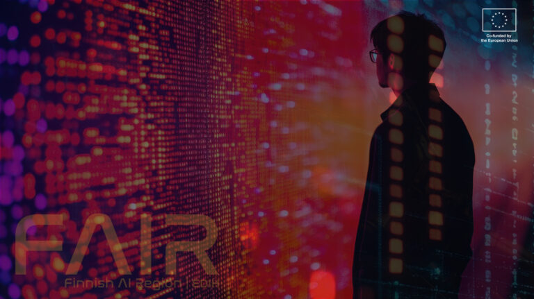 Man looking at neon lights his back on to camera. FAIRs and EUs logos.