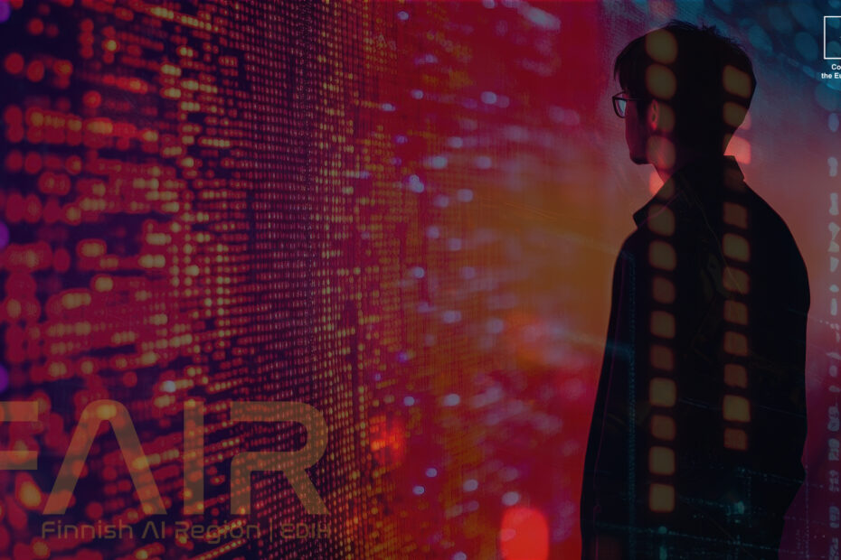 Man looking at neon lights his back on to camera. FAIRs and EUs logos.