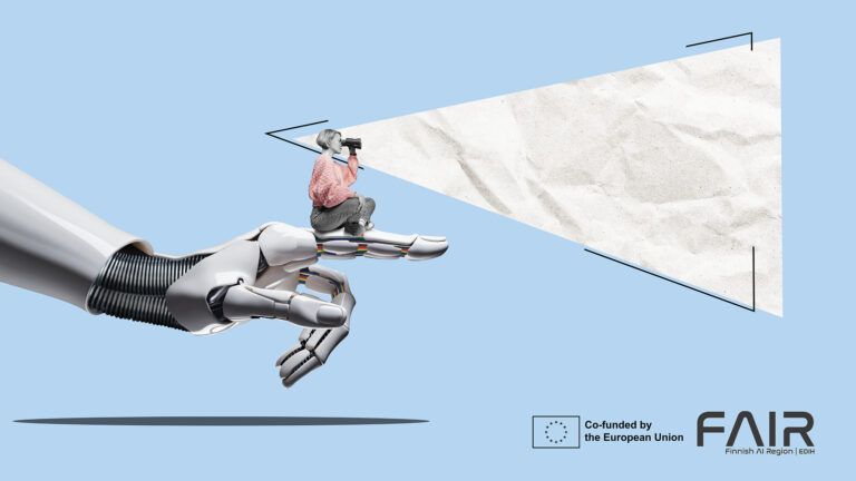 Signpost - a cyber AI hand shows the business woman with binoculars