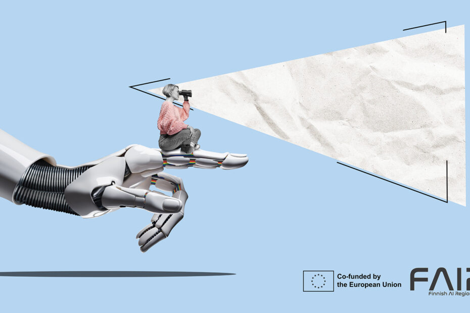 Signpost - a cyber AI hand shows the business woman with binoculars