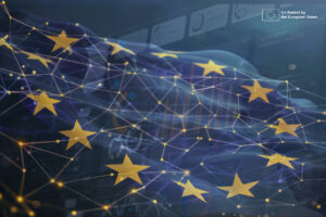 A blue flag of the European Union made up of geometric shapes an and on the background you can see tech and stock markets