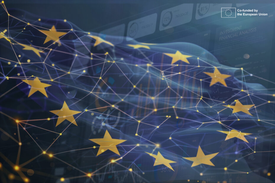 A blue flag of the European Union made up of geometric shapes an and on the background you can see tech and stock markets