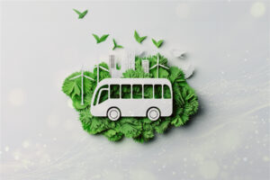 In photo you can see data streams behind, then there is a bus green nature areas and birds and renewable energy