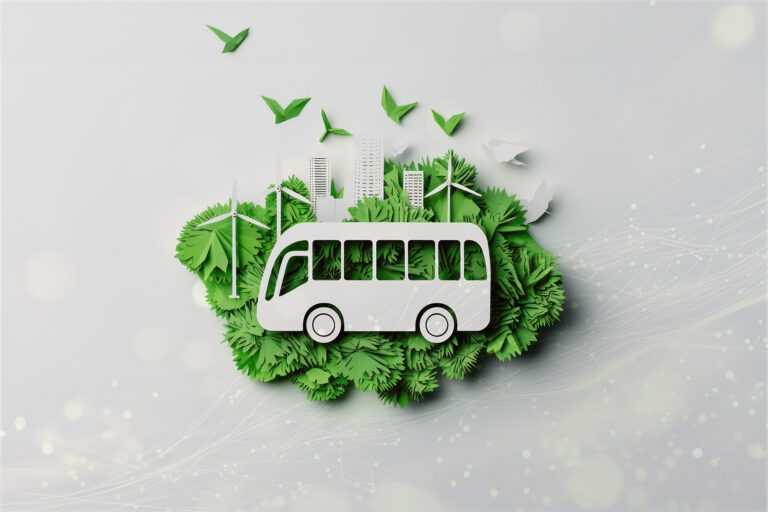 In photo you can see data streams behind, then there is a bus green nature areas and birds and renewable energy