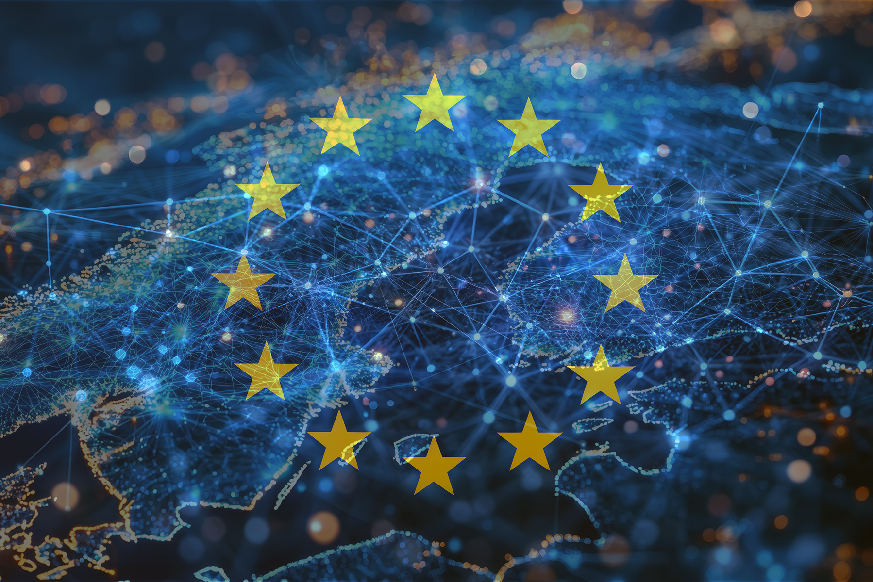 Abstract digital map of Scandinavia, concept of Northern Europe and EU flag.