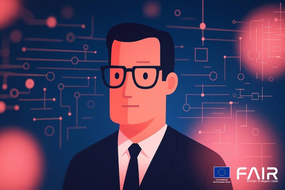 Cartoonish man with a suit and classes