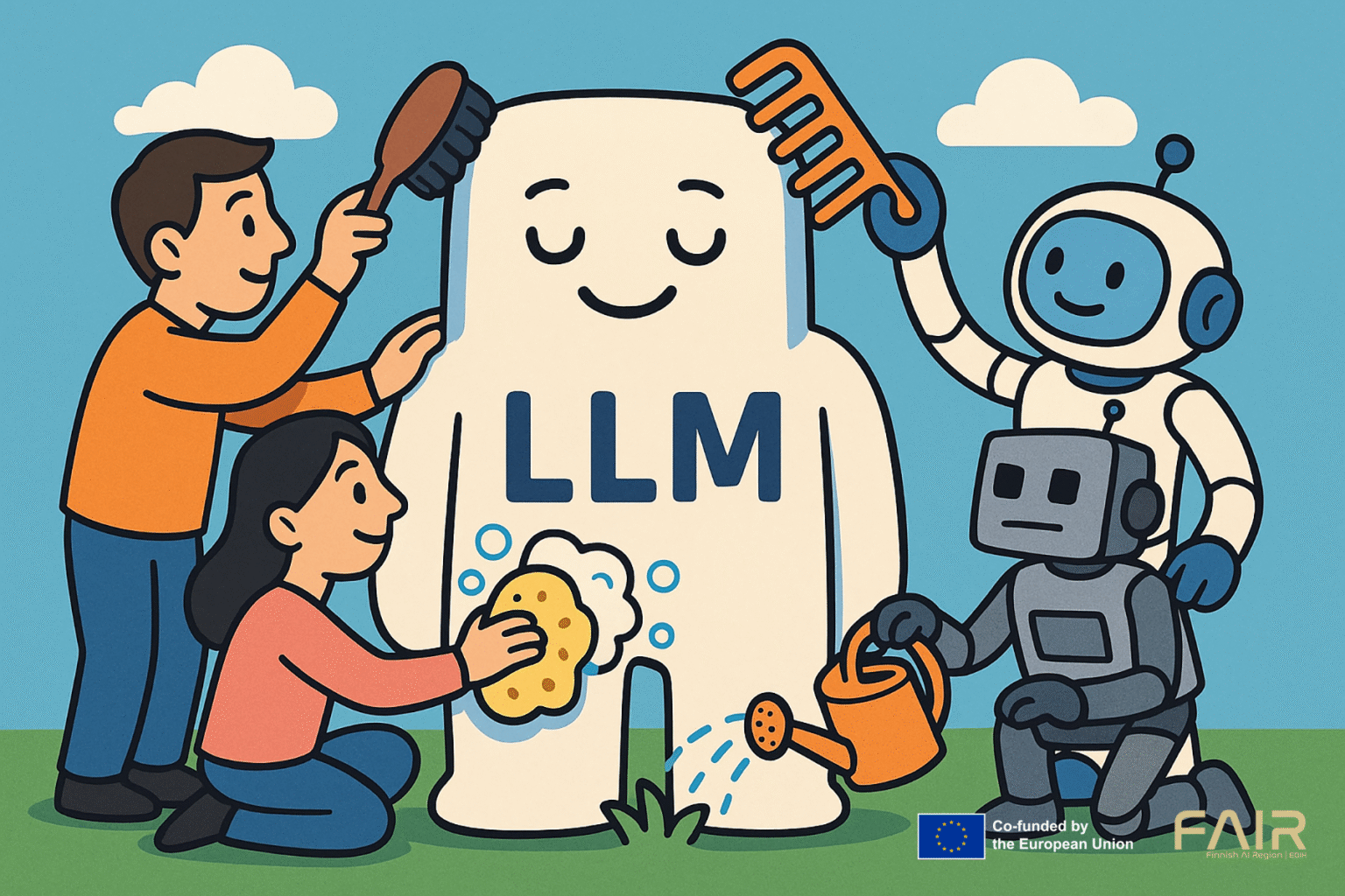 People and robots grooming an LLM. Cartoonish picture.