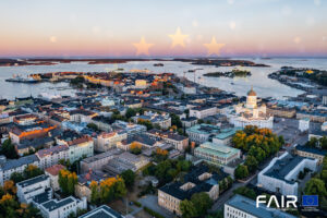 Aerial view of Helsinki. With transparent feature you can see stars of the EU Flag.