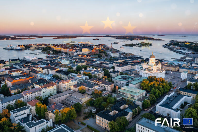Aerial view of Helsinki. With transparent feature you can see stars of the EU Flag.