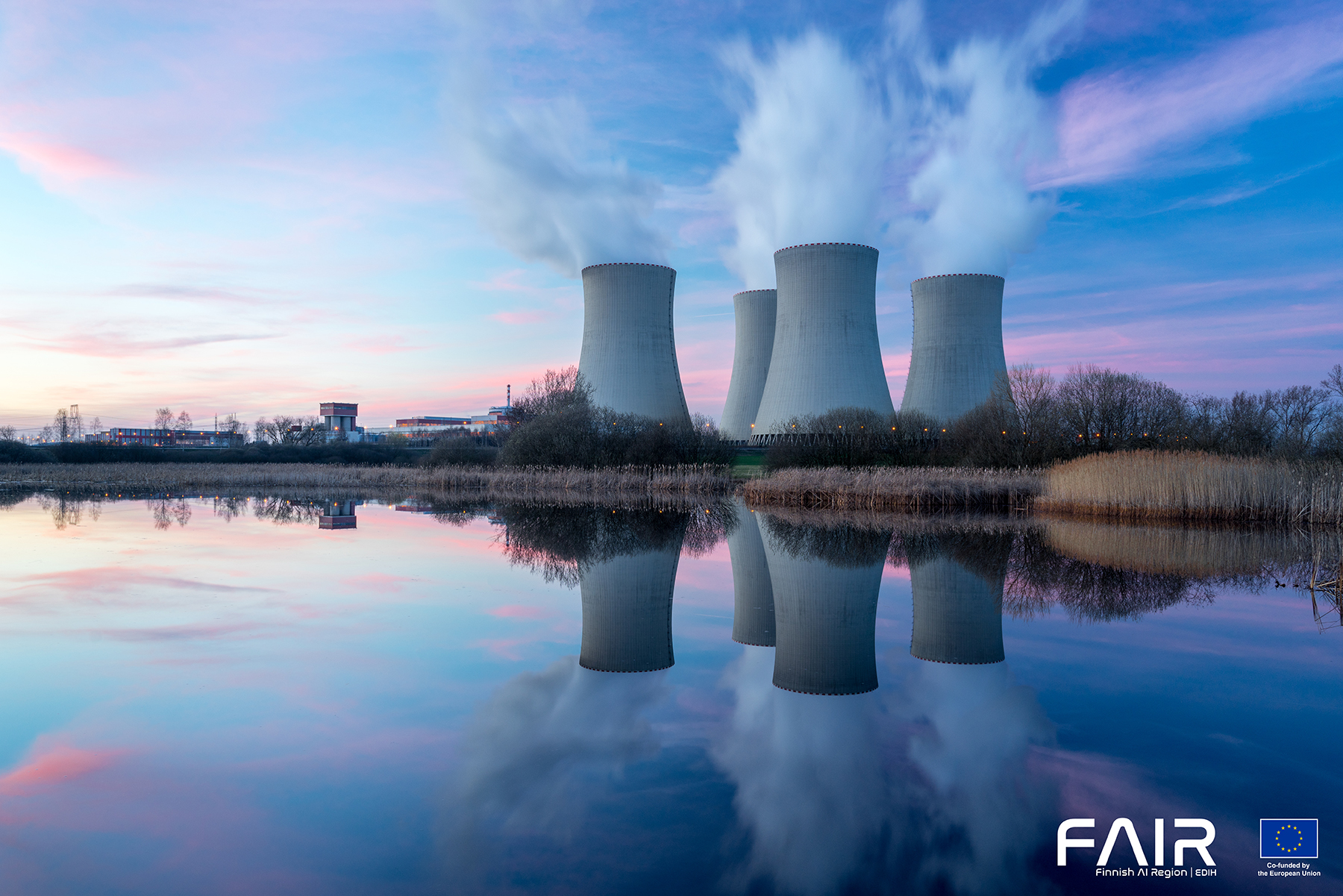 Nuclear power plant with dusk landscape.