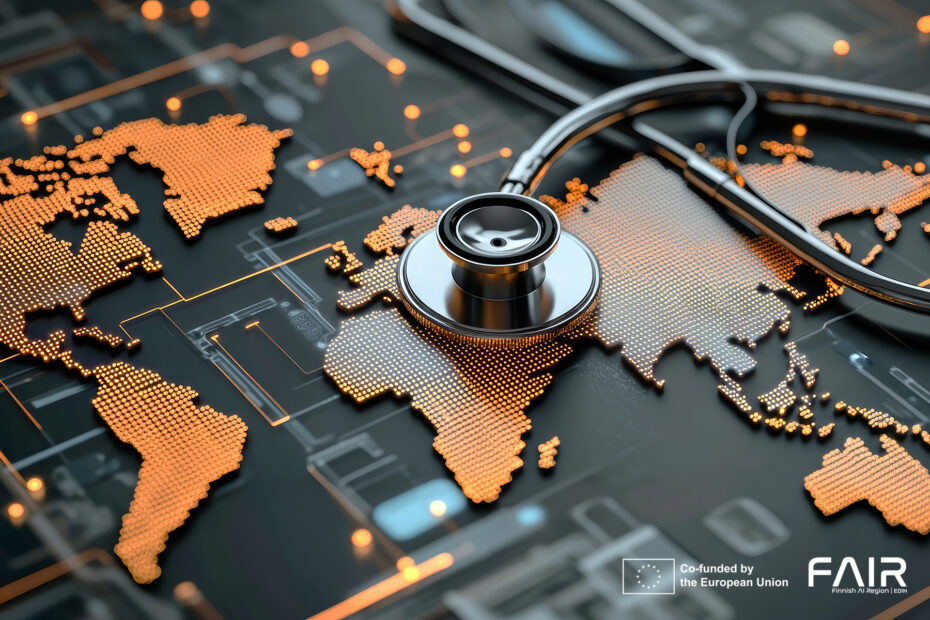A detailed 3D rendering of a global healthcare concept with a stethoscope on a world map, showcasing digital technology against a black background