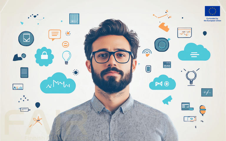 Young man surrounded buy different platforms and apps.