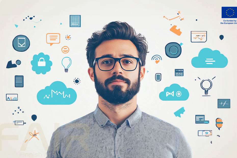 Young man surrounded buy different platforms and apps.