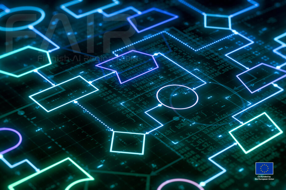 software development flowchart, concept for computer programming, machine learning, visual representation of code flow (3d render)