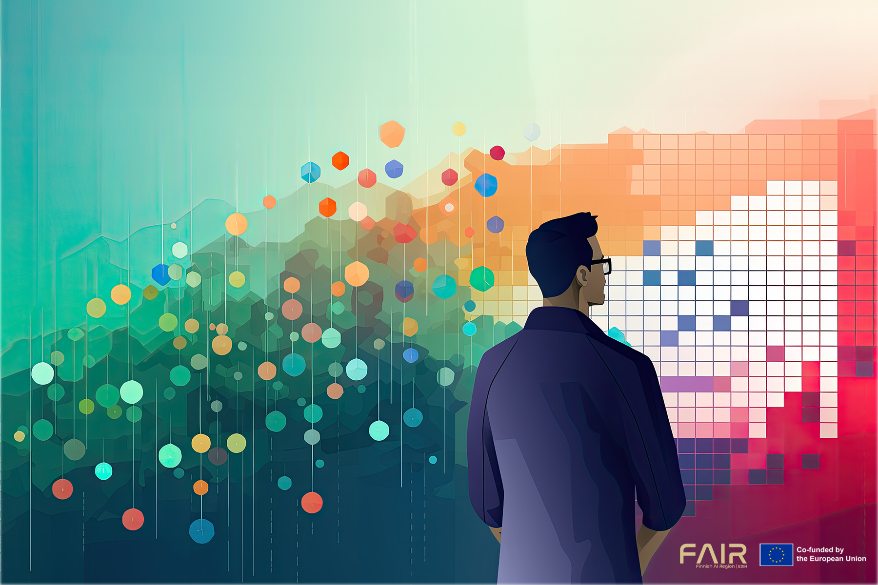 Illustrated picture of a person looking on pieces and bits resembling an algorithm