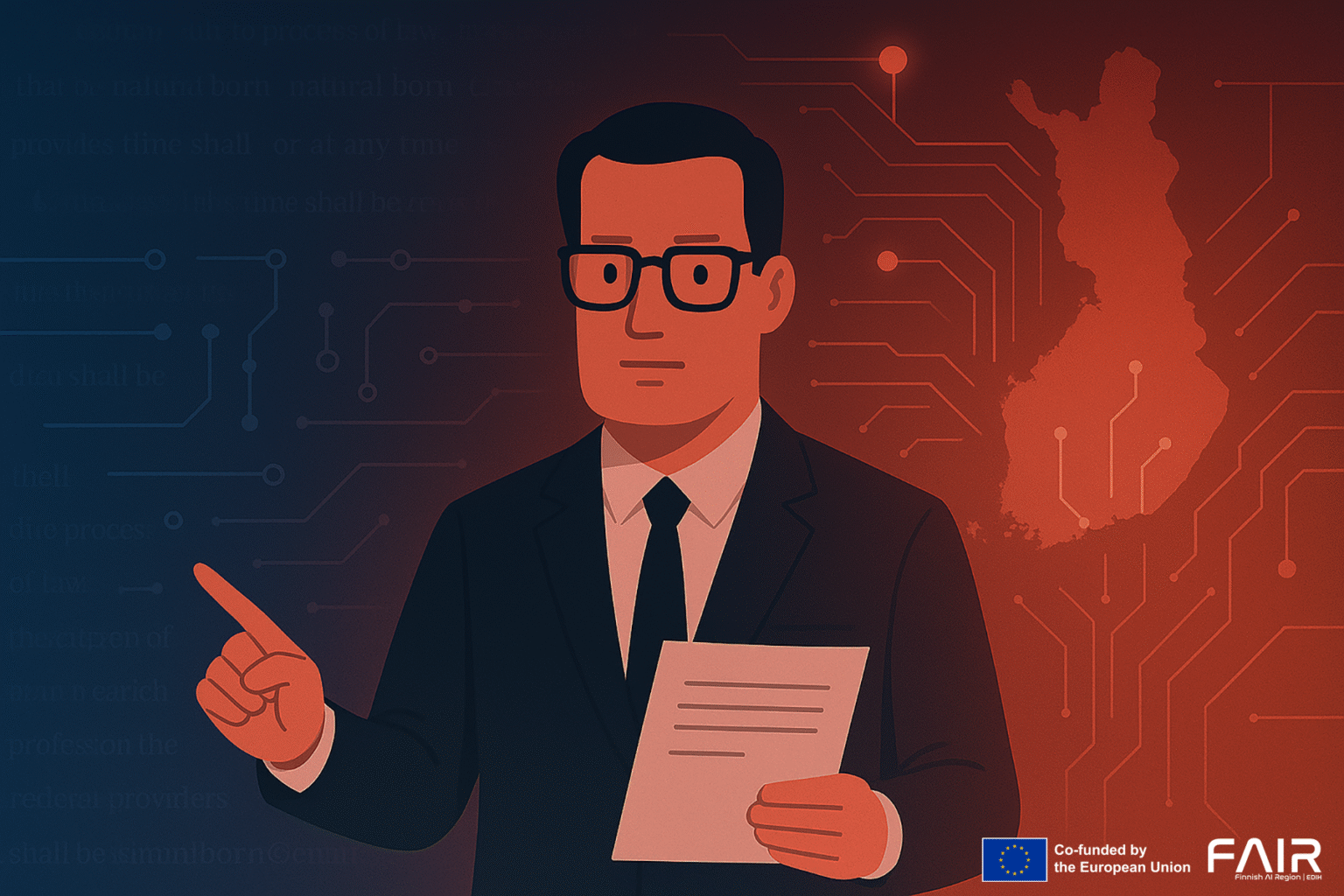 Illustrated man with Finnish map on the background. He is wearing a suit and holding a paper.