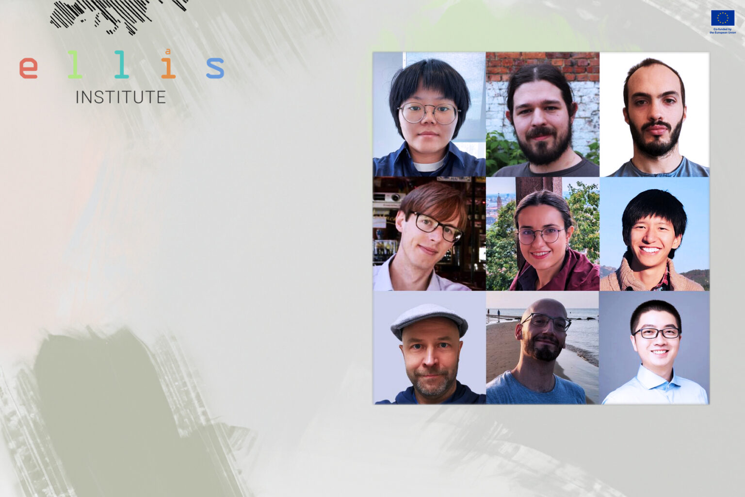 Logo of Ellis Institute and pictures of the 9 new researchers