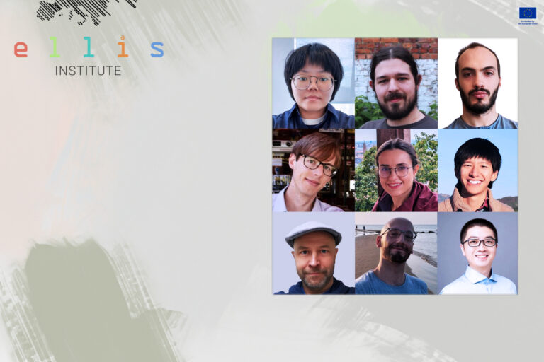 Logo of Ellis Institute and pictures of the 9 new researchers