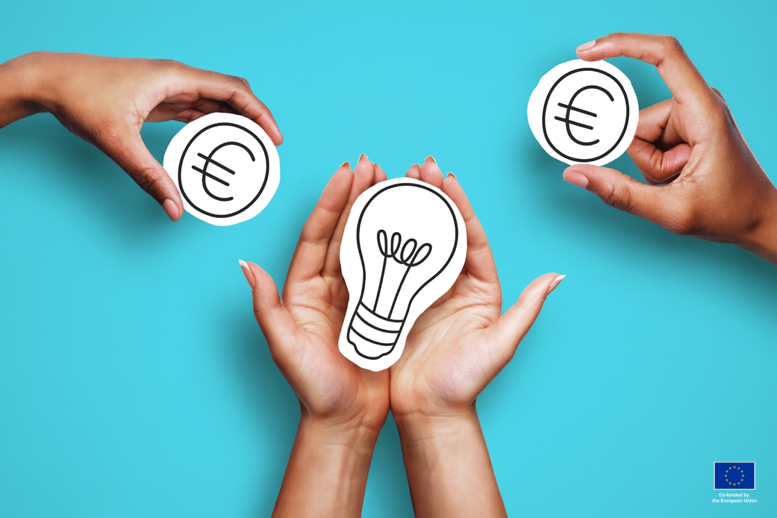 Hands holding lighbulb and euro coins representing given funding.
