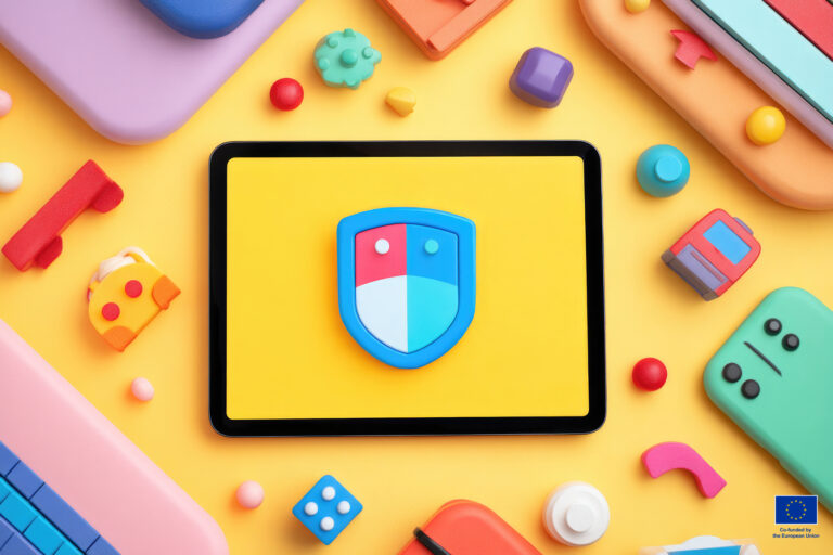colorful whimsical desk space with tablet displaying cartoonish shield icon represents cybersecurity awareness surrounded