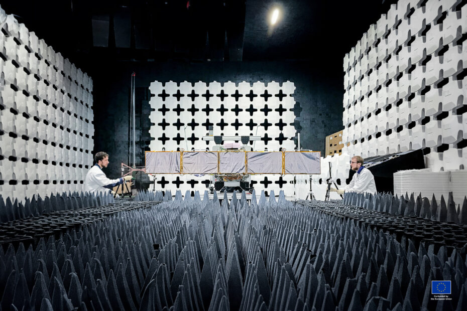 ICEYE professionals testing an ICEYE SAR satellite in an anechoic chamber. Photo by ICEYE.