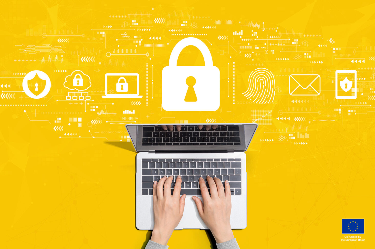 Cyber security concept with person using a laptop computer, Yellow background. You can see only hand, laptop and white cyber security related icons.