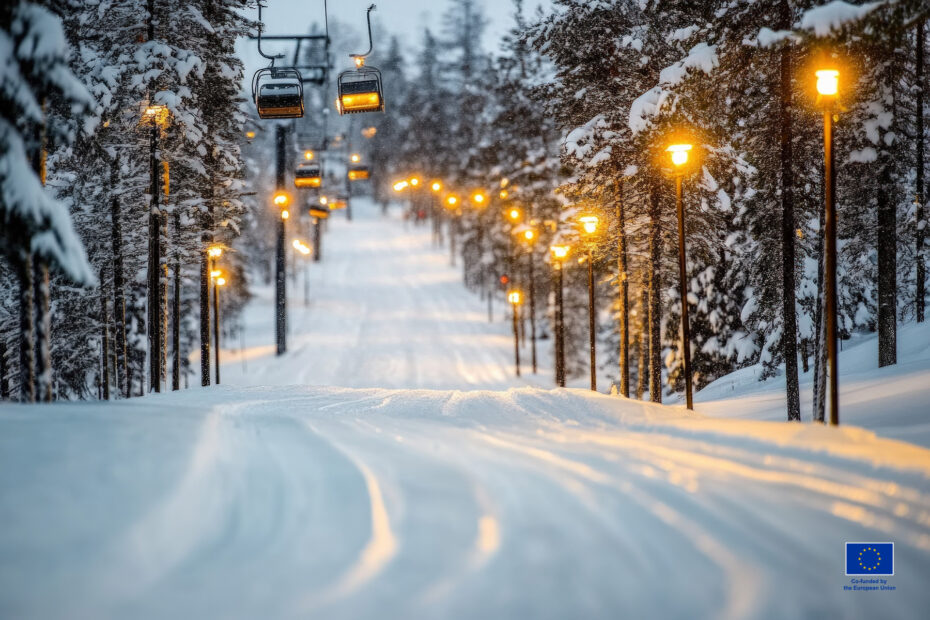 Snowy tracks and skiing lifts in Lahti in Winter