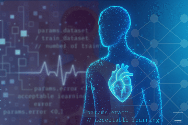 Digital vector illustration depicts artificial intelligence through a pixelated face and code snippets, symbolizing technology, data, and machine learning in a blue color scheme.