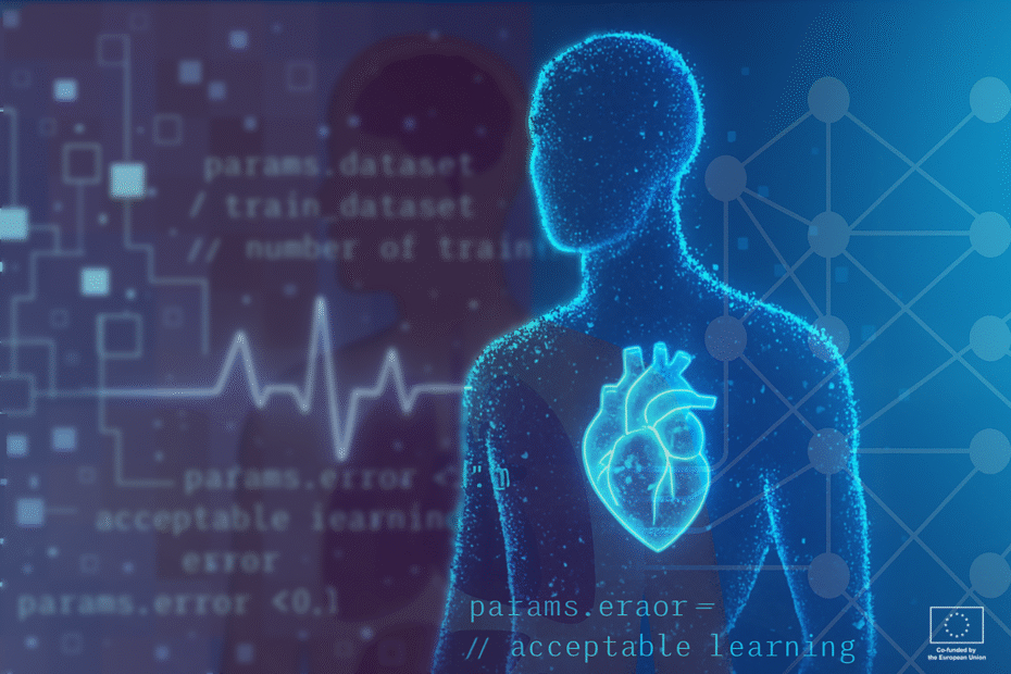 Digital vector illustration depicts artificial intelligence through a pixelated face and code snippets, symbolizing technology, data, and machine learning in a blue color scheme.