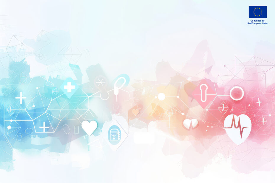 Abstract background with medical or health symbols and red, yellow and blue colors.