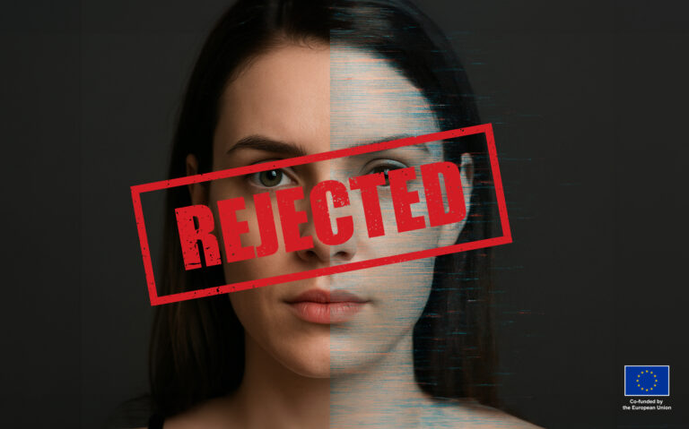 A photo of a woman on split-screen or composite image showing a human face on one side and the same face as a digital/AI rendering on the other, with subtle glitch effects or pixelation on the AI side. This visually represents the core challenge of distinguishing real from artificial. On top of the photo is a red stamp saying rejected.