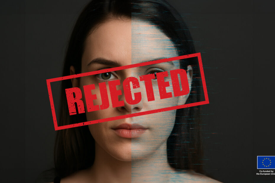 A photo of a woman on split-screen or composite image showing a human face on one side and the same face as a digital/AI rendering on the other, with subtle glitch effects or pixelation on the AI side. This visually represents the core challenge of distinguishing real from artificial. On top of the photo is a red stamp saying rejected.