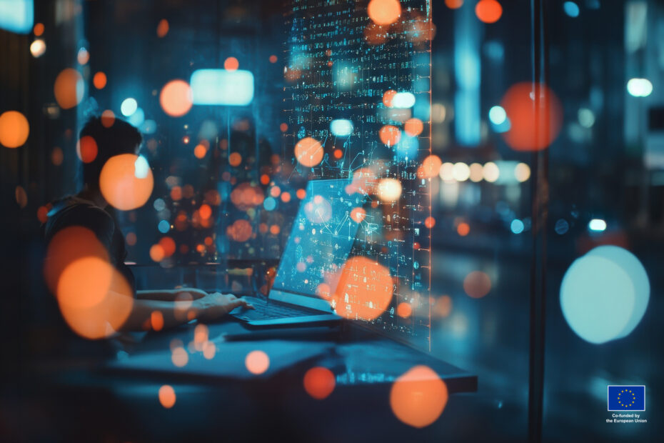 Man sitting on a laptop in a dark office. Lots of bokeh and EU logo.