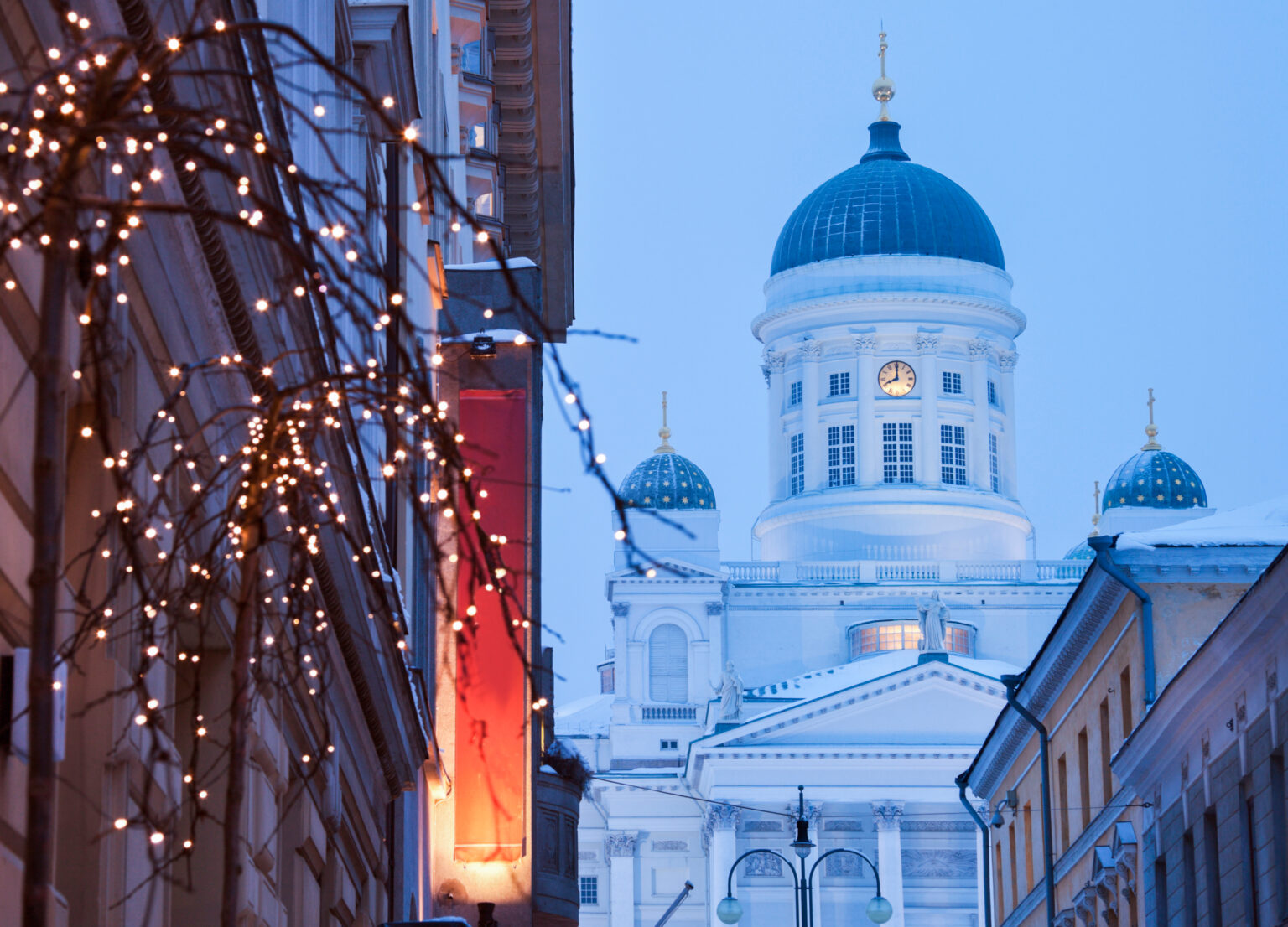 Lutheran Cathedral and Christmas decorations. Helsinki, Finland.